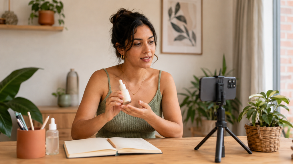 Criadora gravando uma recomendação de produto com celular em tripé em ambiente doméstico.” Legenda: não necessária.